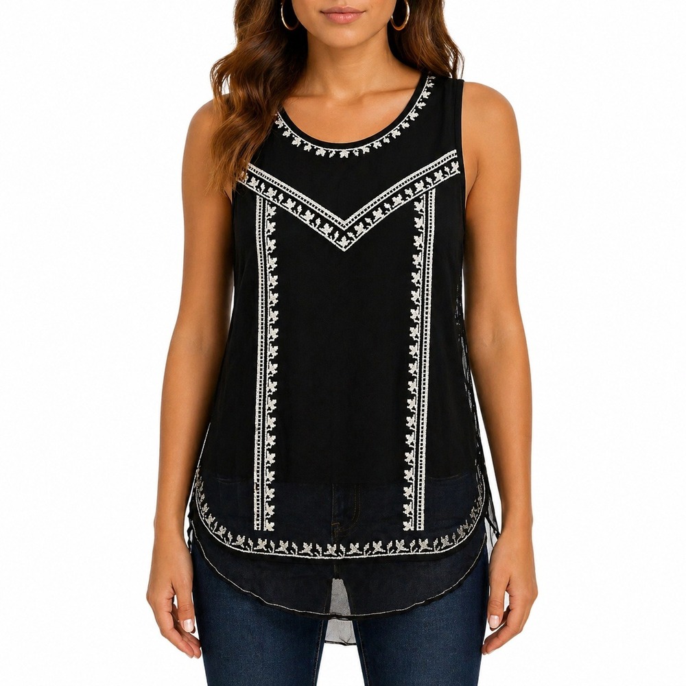 Alfani Blouse Womens PM Petite Womens Black Embroidered Mesh Layered Sleeveless